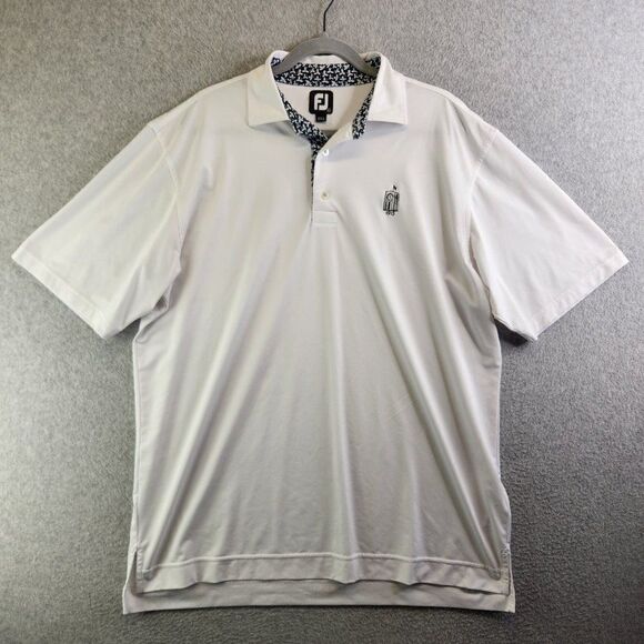 Footjoy Shirt Mens Large White Floral Trim Golf Polo Performance Clock Tower - Picture 1 of 16